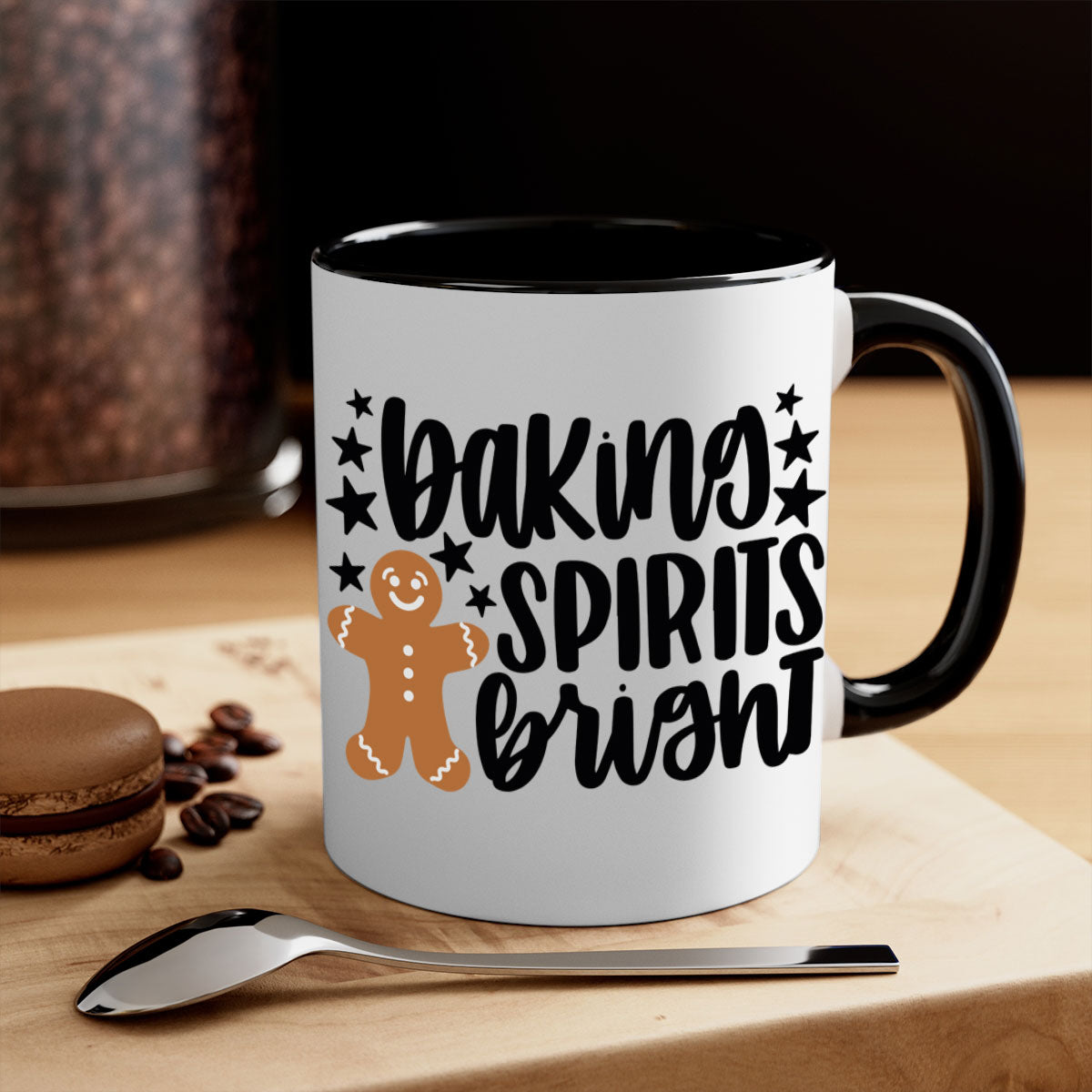 Baking Spirits Bright Christmas Mug with colorful handle and glossy finish, available in multiple colors and sizes.