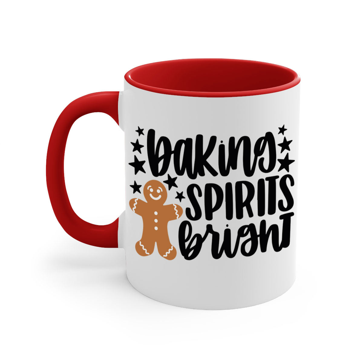 Baking Spirits Bright Christmas Mug with colorful handle and glossy finish, available in multiple colors and sizes.