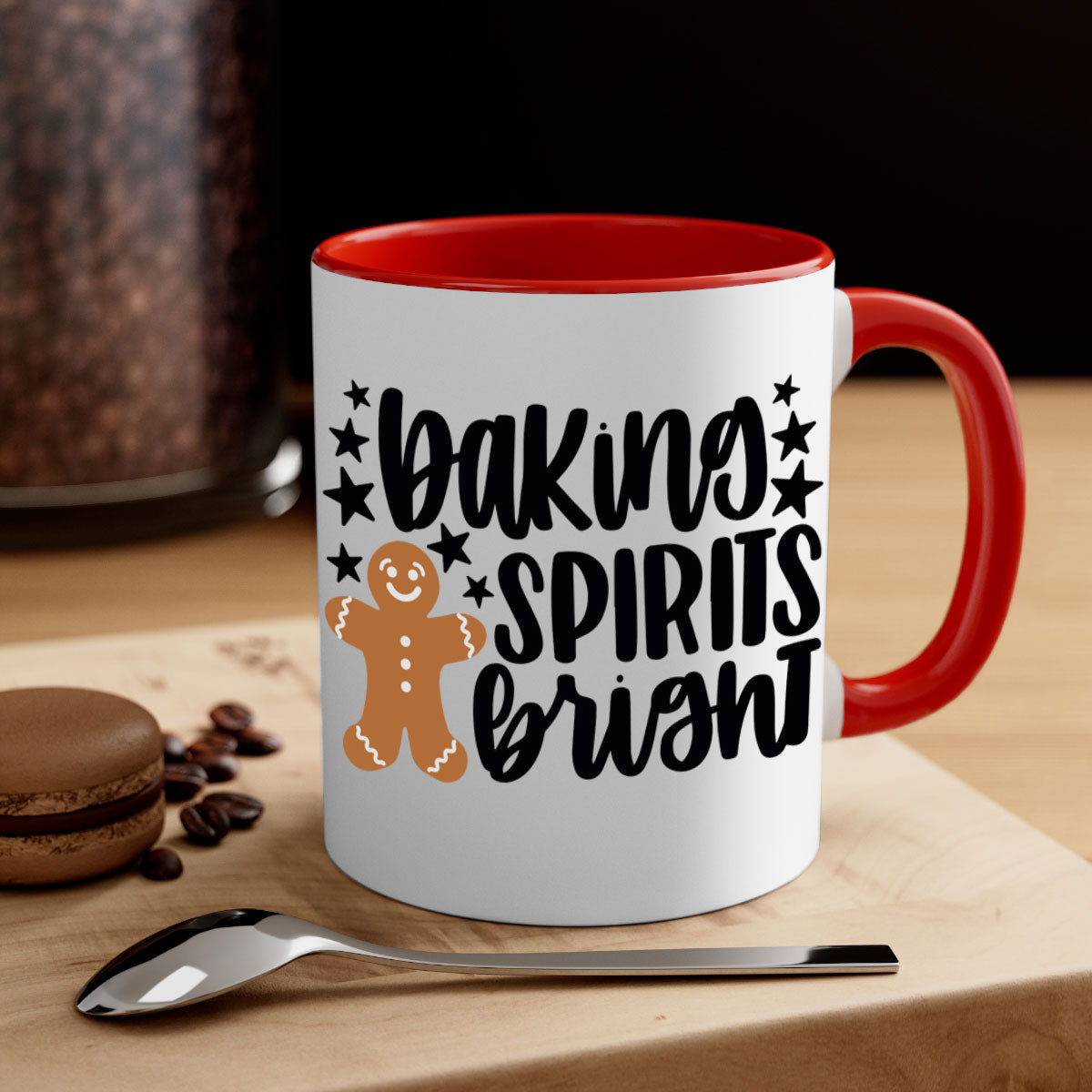 Baking Spirits Bright Christmas Mug with colorful handle and glossy finish, available in multiple colors and sizes.