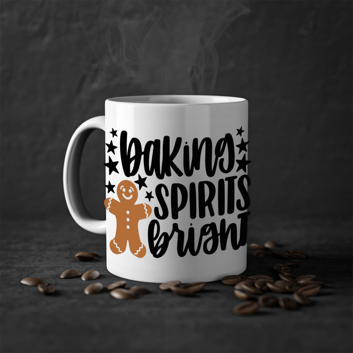 Baking Spirits Bright Christmas Mug with colorful handle and glossy finish, available in multiple colors and sizes.
