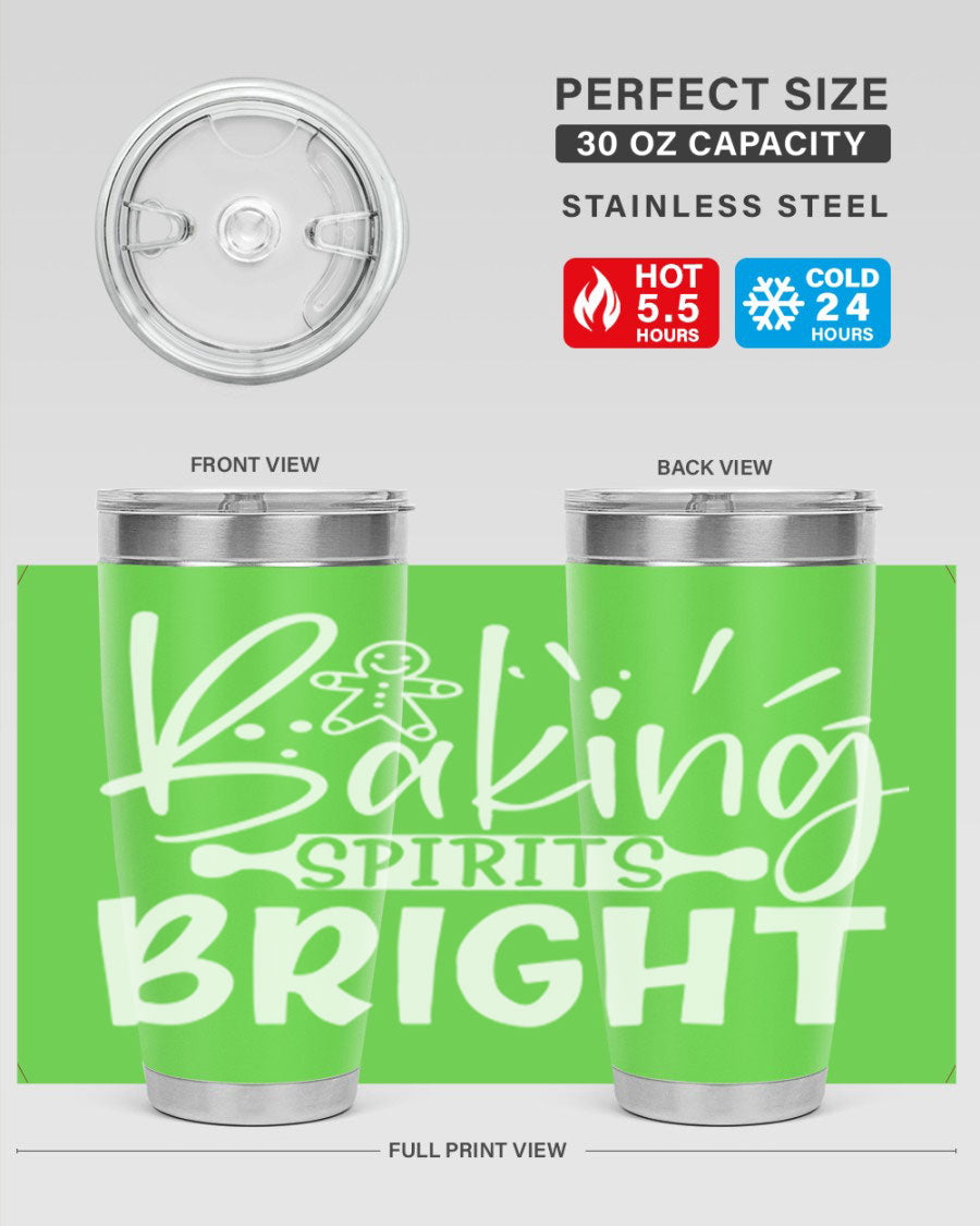 Baking Spirits Bright 20oz Tumbler featuring double wall vacuum stainless steel and a drink-thru lid, perfect for hot and cold beverages.