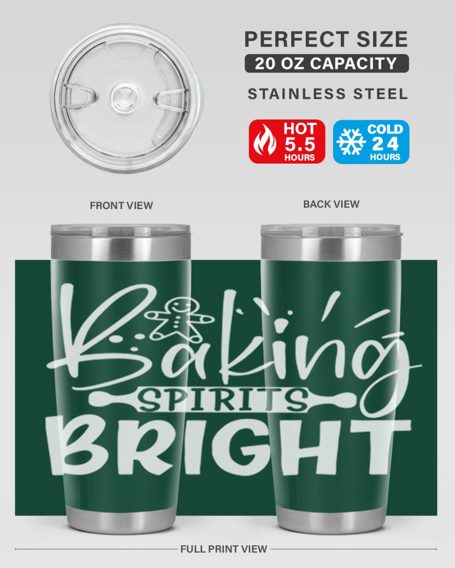 Baking Spirits Bright 20oz Tumbler featuring double wall vacuum stainless steel and a drink-thru lid, perfect for hot and cold beverages.