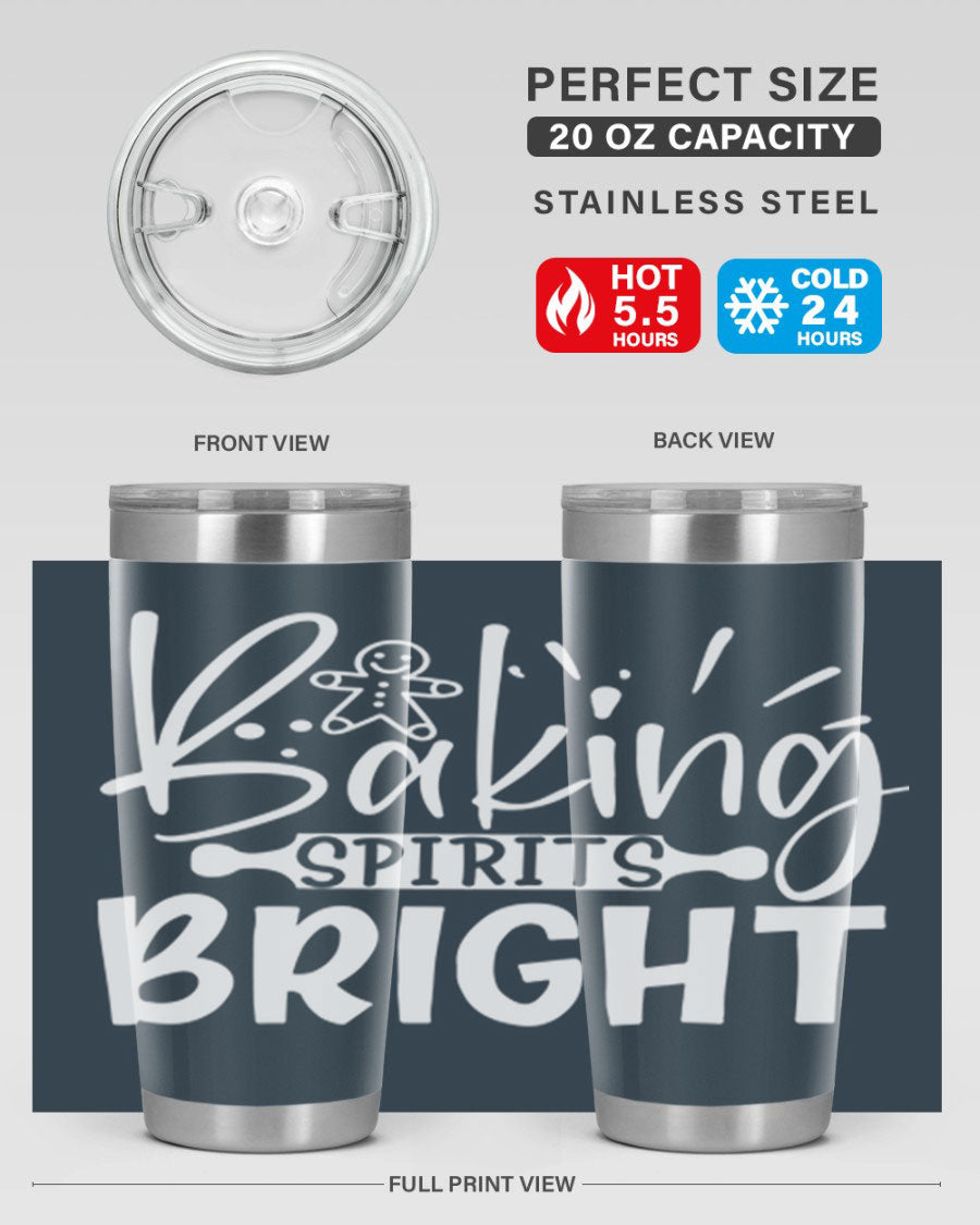 Baking Spirits Bright 20oz Tumbler featuring double wall vacuum stainless steel and a drink-thru lid, perfect for hot and cold beverages.
