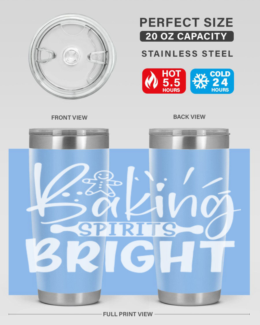 Baking Spirits Bright 20oz Tumbler featuring double wall vacuum stainless steel and a drink-thru lid, perfect for hot and cold beverages.