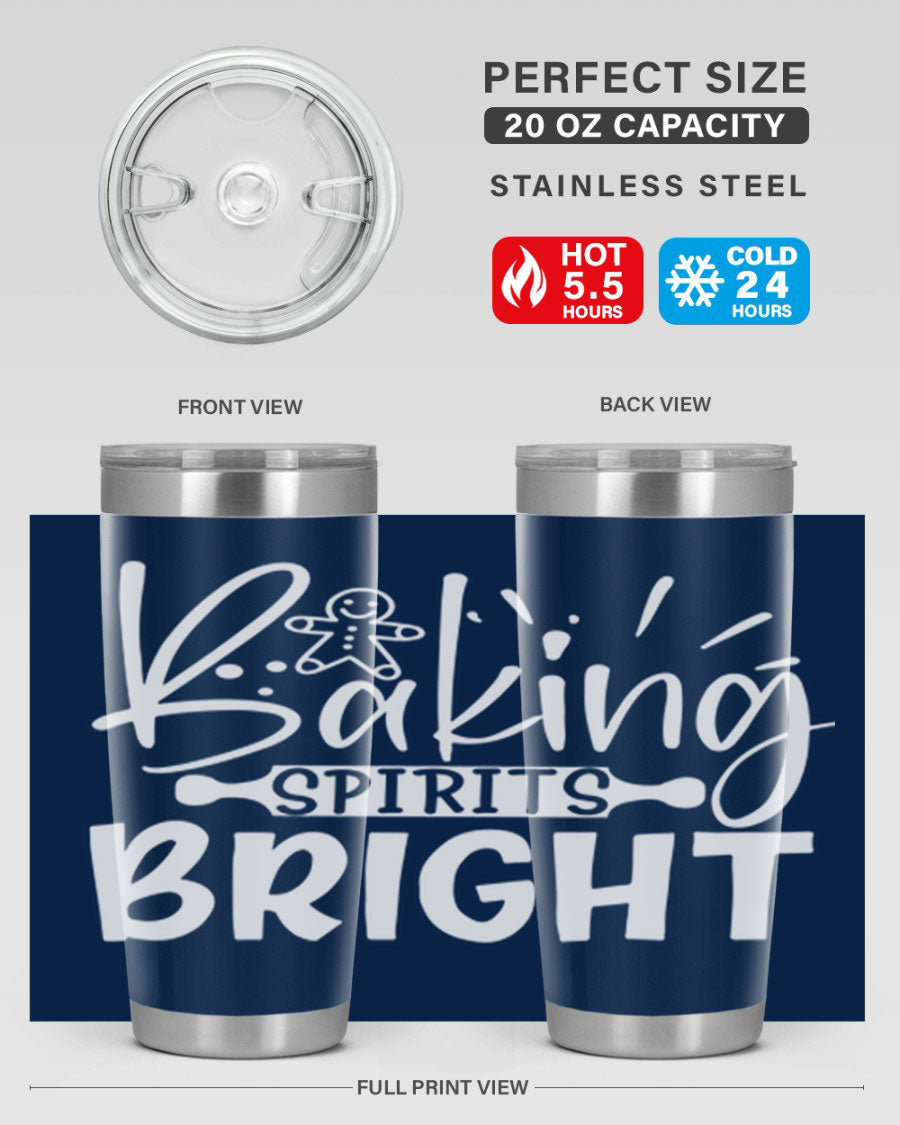 Baking Spirits Bright 20oz Tumbler featuring double wall vacuum stainless steel and a drink-thru lid, perfect for hot and cold beverages.