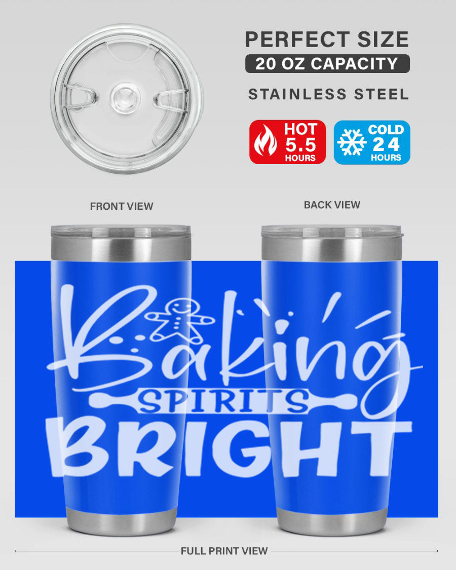 Baking Spirits Bright 20oz Tumbler featuring double wall vacuum stainless steel and a drink-thru lid, perfect for hot and cold beverages.