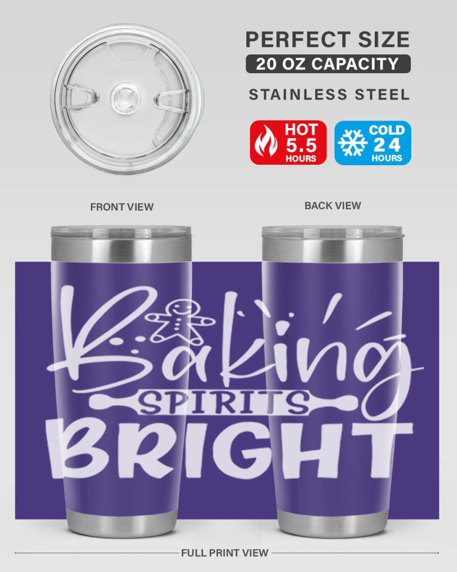 Baking Spirits Bright 20oz Tumbler featuring double wall vacuum stainless steel and a drink-thru lid, perfect for hot and cold beverages.