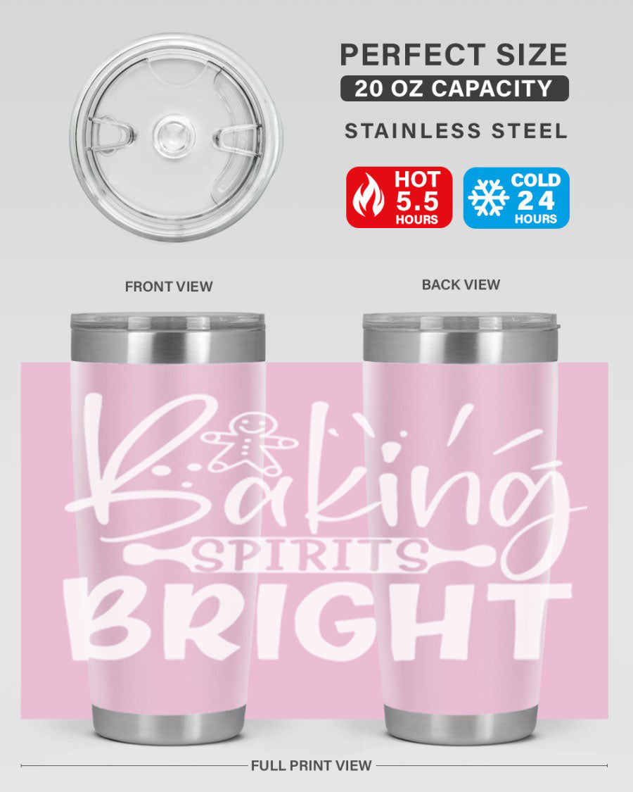 Baking Spirits Bright 20oz Tumbler featuring double wall vacuum stainless steel and a drink-thru lid, perfect for hot and cold beverages.