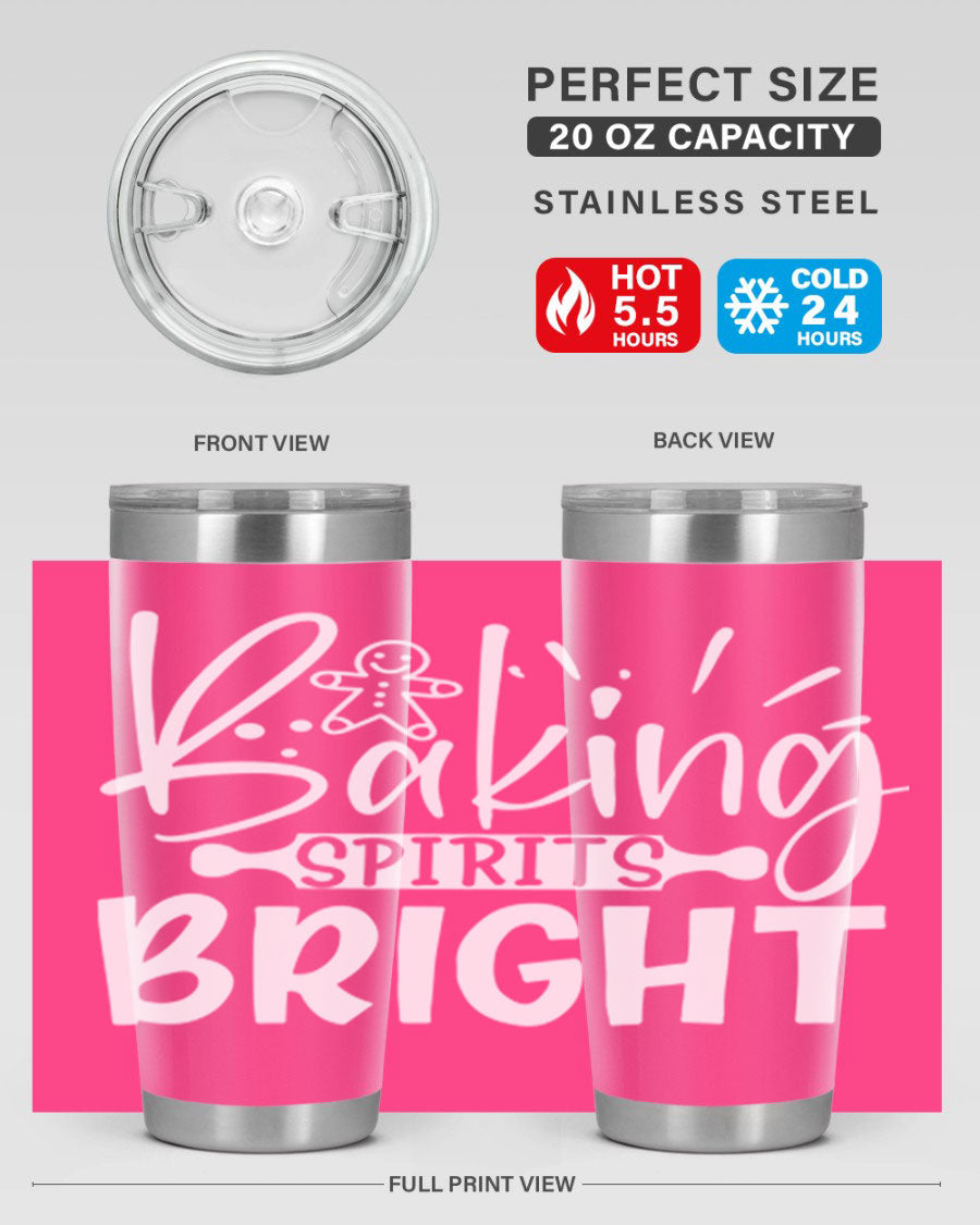 Baking Spirits Bright 20oz Tumbler featuring double wall vacuum stainless steel and a drink-thru lid, perfect for hot and cold beverages.