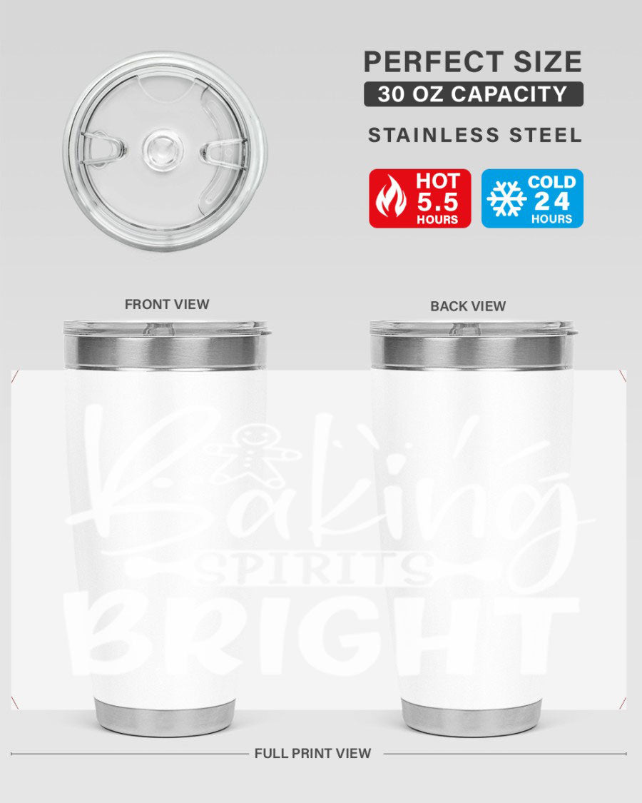 Baking Spirits Bright 20oz Tumbler featuring double wall vacuum stainless steel and a drink-thru lid, perfect for hot and cold beverages.