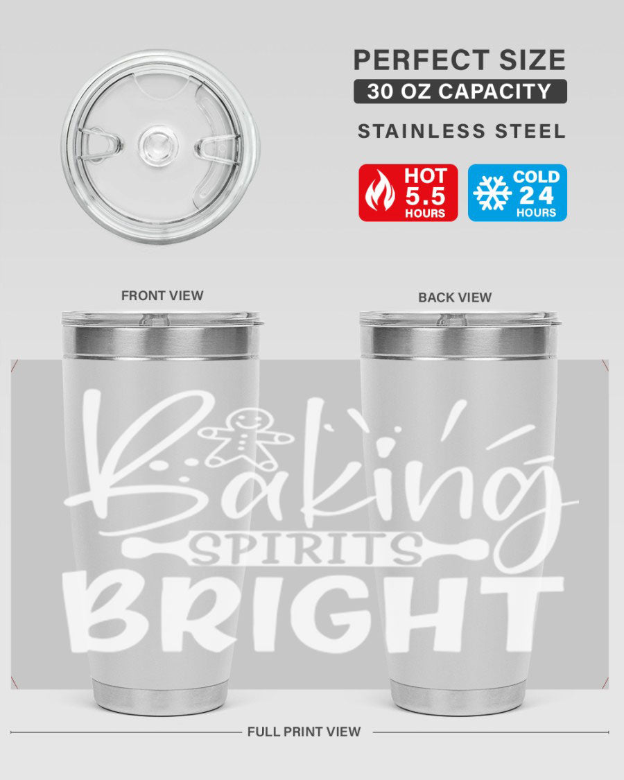 Baking Spirits Bright 20oz Tumbler featuring double wall vacuum stainless steel and a drink-thru lid, perfect for hot and cold beverages.