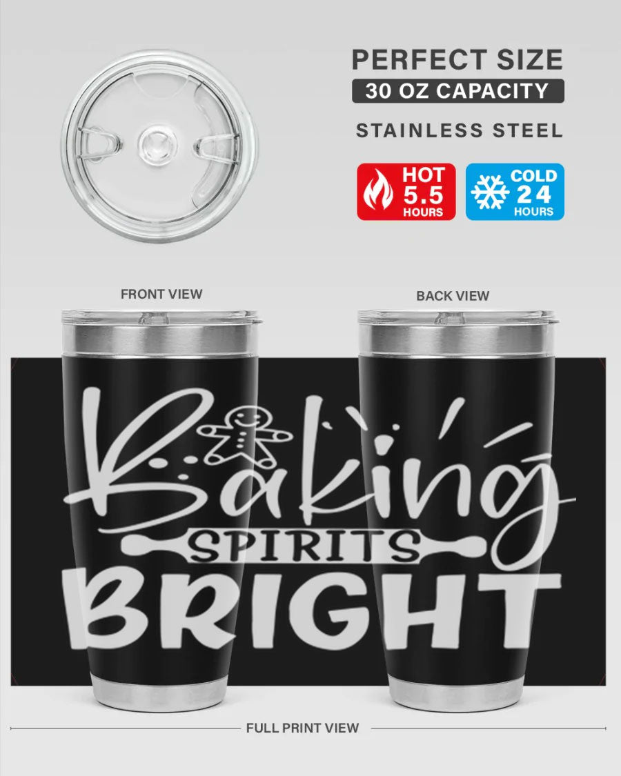 Baking Spirits Bright 20oz Tumbler featuring double wall vacuum stainless steel and a drink-thru lid, perfect for hot and cold beverages.