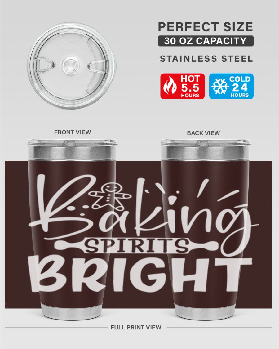 Baking Spirits Bright 20oz Tumbler featuring double wall vacuum stainless steel and a drink-thru lid, perfect for hot and cold beverages.