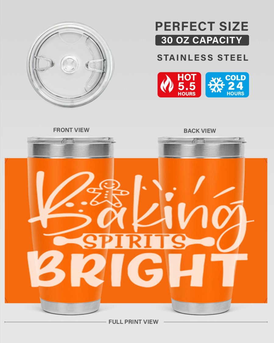 Baking Spirits Bright 20oz Tumbler featuring double wall vacuum stainless steel and a drink-thru lid, perfect for hot and cold beverages.
