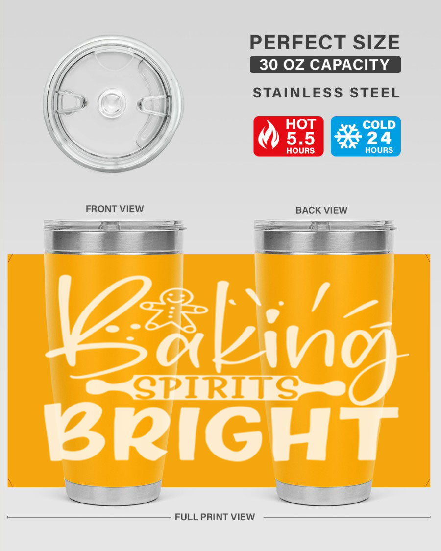 Baking Spirits Bright 20oz Tumbler featuring double wall vacuum stainless steel and a drink-thru lid, perfect for hot and cold beverages.