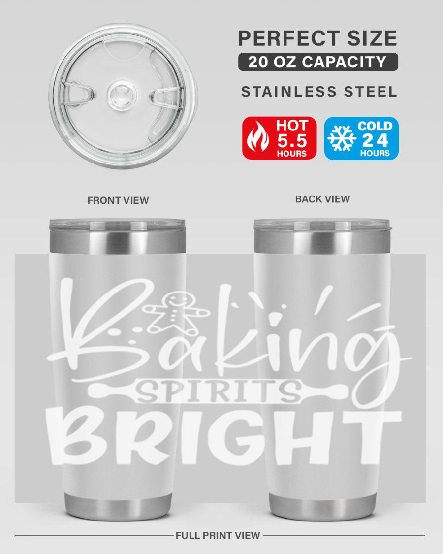 Baking Spirits Bright 20oz Tumbler featuring double wall vacuum stainless steel and a drink-thru lid, perfect for hot and cold beverages.
