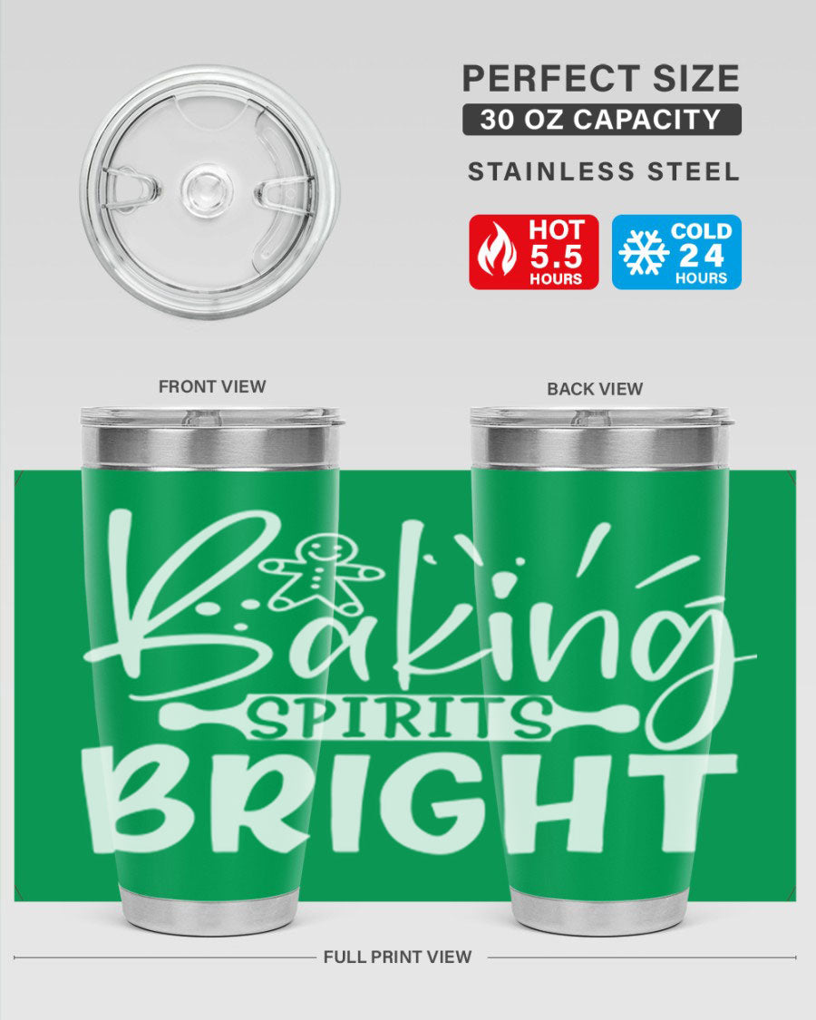 Baking Spirits Bright 20oz Tumbler featuring double wall vacuum stainless steel and a drink-thru lid, perfect for hot and cold beverages.