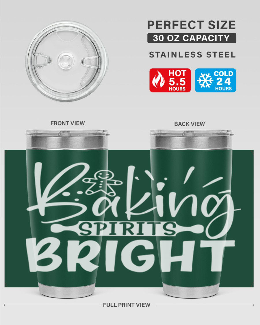 Baking Spirits Bright 20oz Tumbler featuring double wall vacuum stainless steel and a drink-thru lid, perfect for hot and cold beverages.