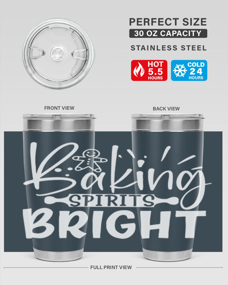 Baking Spirits Bright 20oz Tumbler featuring double wall vacuum stainless steel and a drink-thru lid, perfect for hot and cold beverages.