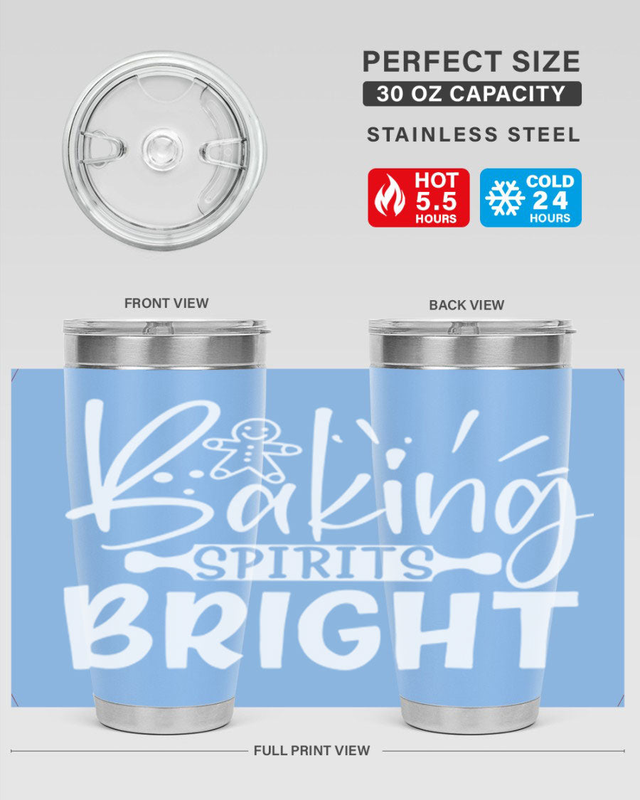 Baking Spirits Bright 20oz Tumbler featuring double wall vacuum stainless steel and a drink-thru lid, perfect for hot and cold beverages.