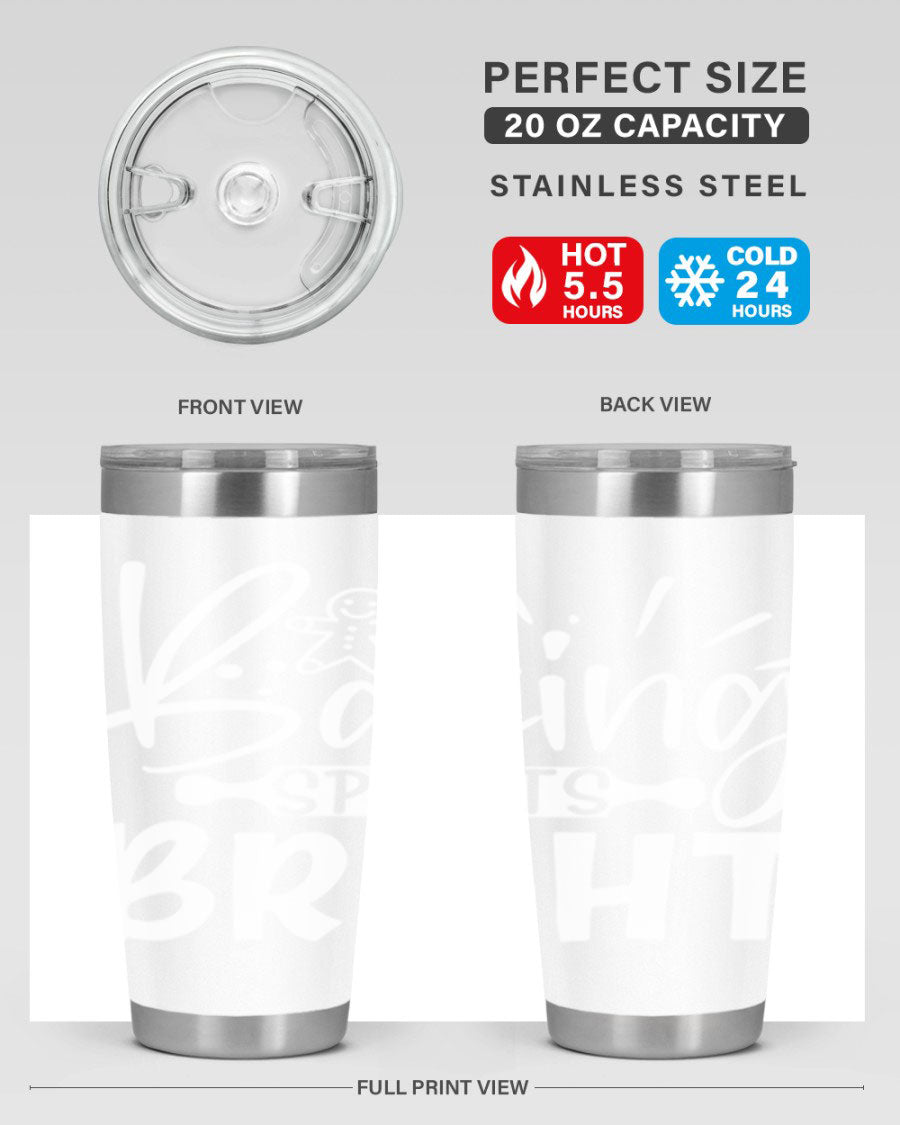 Baking Spirits Bright 20oz Tumbler featuring double wall vacuum stainless steel and a drink-thru lid, perfect for hot and cold beverages.