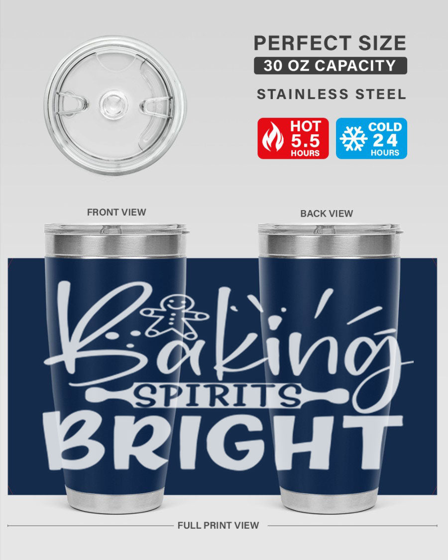 Baking Spirits Bright 20oz Tumbler featuring double wall vacuum stainless steel and a drink-thru lid, perfect for hot and cold beverages.