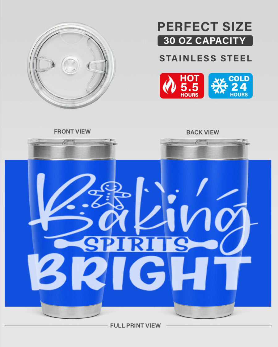 Baking Spirits Bright 20oz Tumbler featuring double wall vacuum stainless steel and a drink-thru lid, perfect for hot and cold beverages.