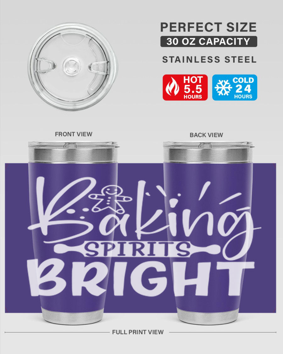 Baking Spirits Bright 20oz Tumbler featuring double wall vacuum stainless steel and a drink-thru lid, perfect for hot and cold beverages.