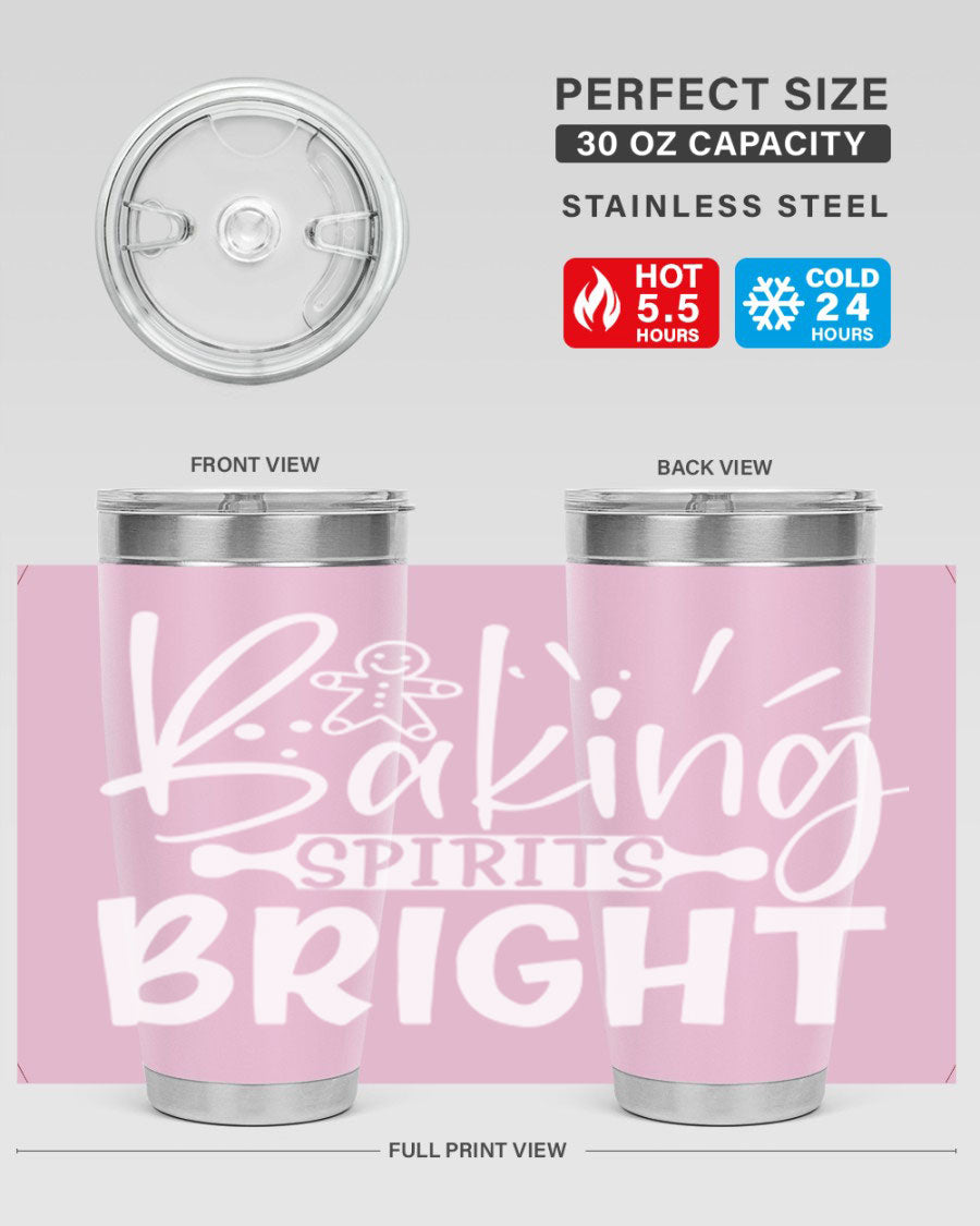 Baking Spirits Bright 20oz Tumbler featuring double wall vacuum stainless steel and a drink-thru lid, perfect for hot and cold beverages.