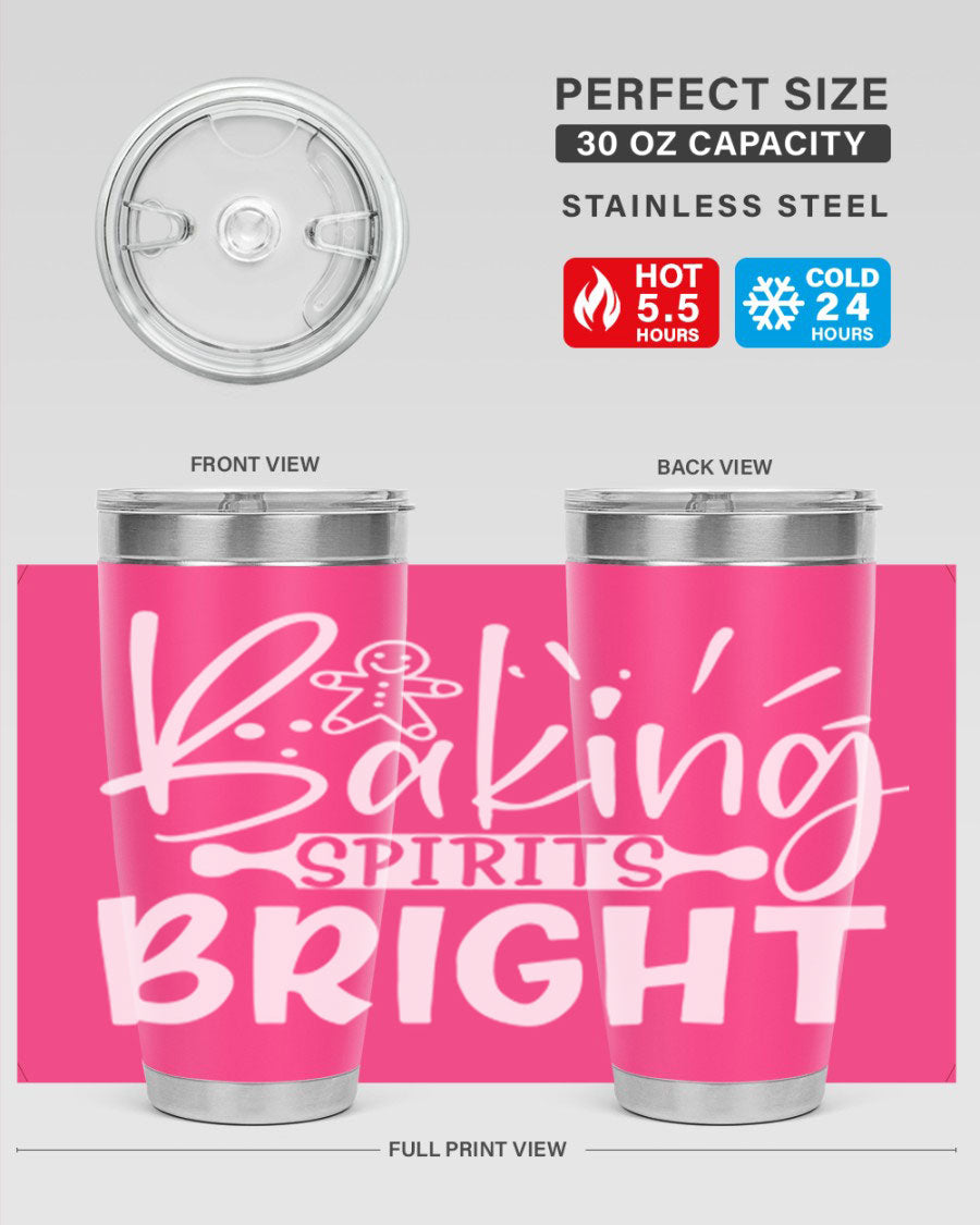 Baking Spirits Bright 20oz Tumbler featuring double wall vacuum stainless steel and a drink-thru lid, perfect for hot and cold beverages.