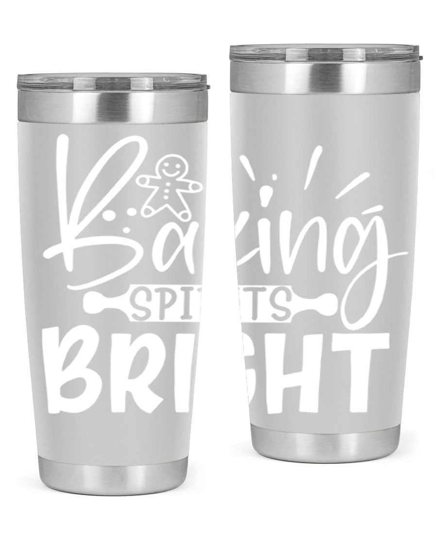Baking Spirits Bright 20oz Tumbler featuring double wall vacuum stainless steel and a drink-thru lid, perfect for hot and cold beverages.