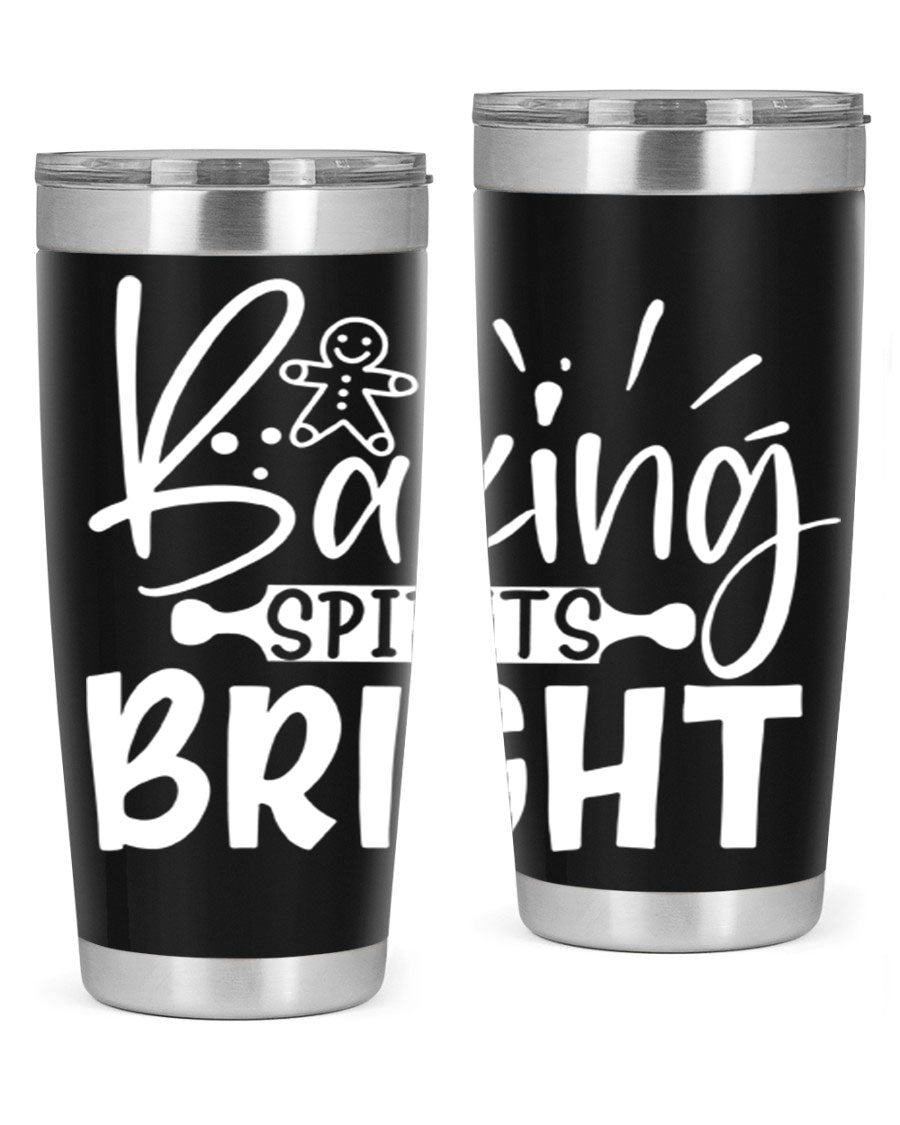 Baking Spirits Bright 20oz Tumbler featuring double wall vacuum stainless steel and a drink-thru lid, perfect for hot and cold beverages.