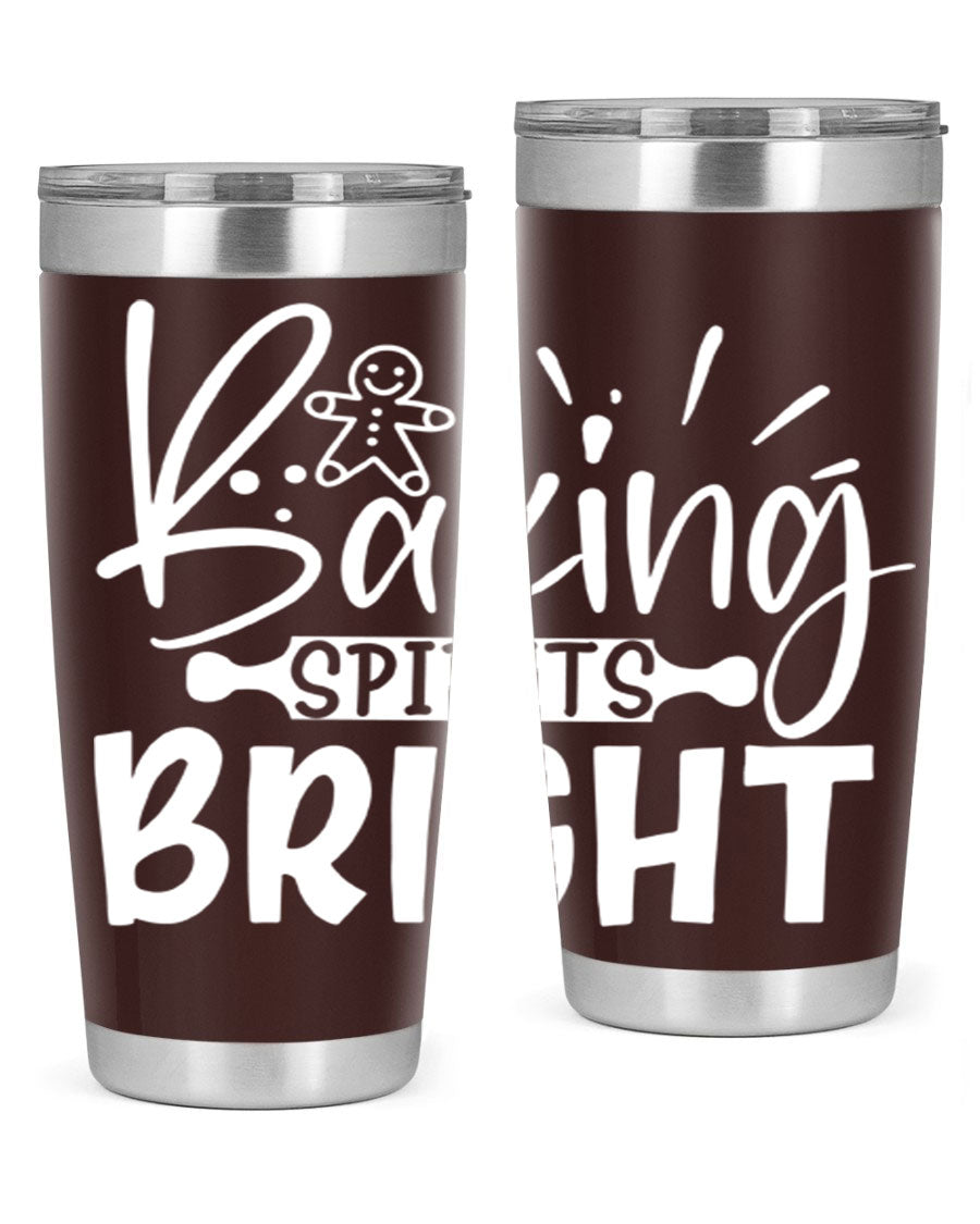 Baking Spirits Bright 20oz Tumbler featuring double wall vacuum stainless steel and a drink-thru lid, perfect for hot and cold beverages.