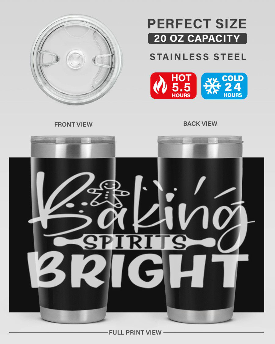 Baking Spirits Bright 20oz Tumbler featuring double wall vacuum stainless steel and a drink-thru lid, perfect for hot and cold beverages.