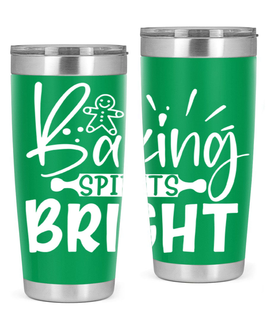Baking Spirits Bright 20oz Tumbler featuring double wall vacuum stainless steel and a drink-thru lid, perfect for hot and cold beverages.