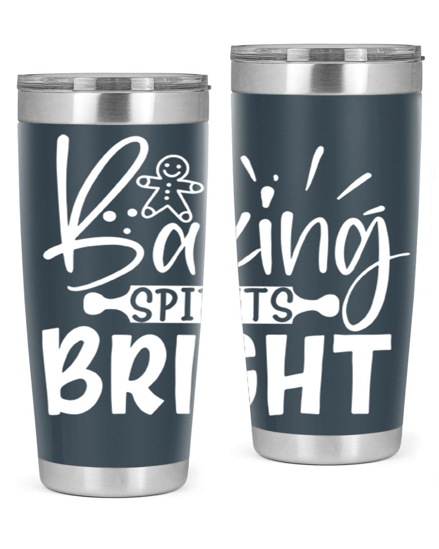 Baking Spirits Bright 20oz Tumbler featuring double wall vacuum stainless steel and a drink-thru lid, perfect for hot and cold beverages.