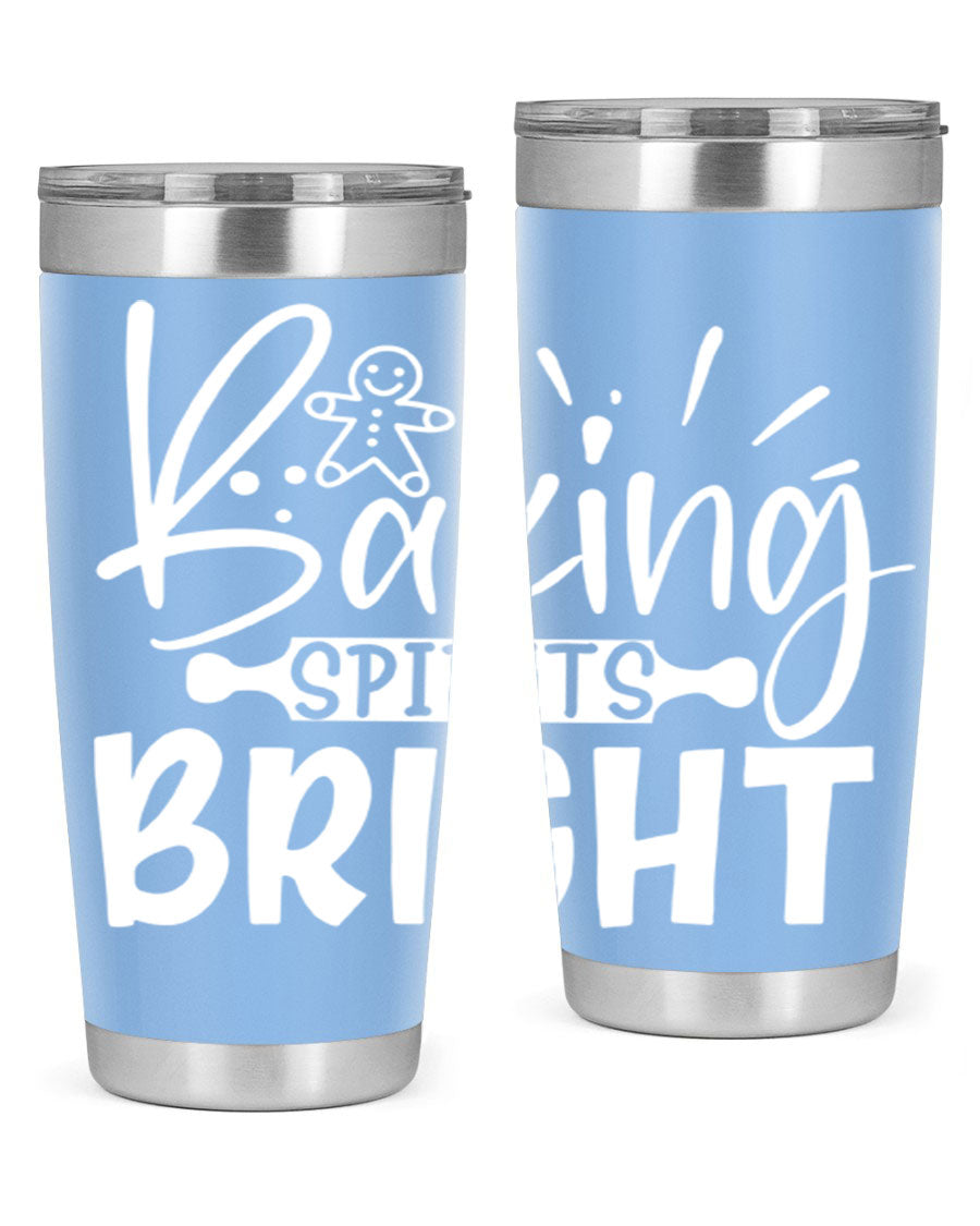 Baking Spirits Bright 20oz Tumbler featuring double wall vacuum stainless steel and a drink-thru lid, perfect for hot and cold beverages.