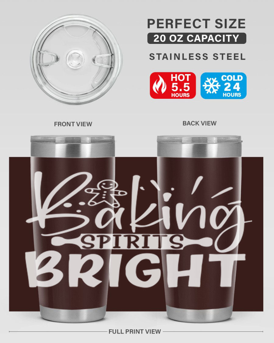 Baking Spirits Bright 20oz Tumbler featuring double wall vacuum stainless steel and a drink-thru lid, perfect for hot and cold beverages.