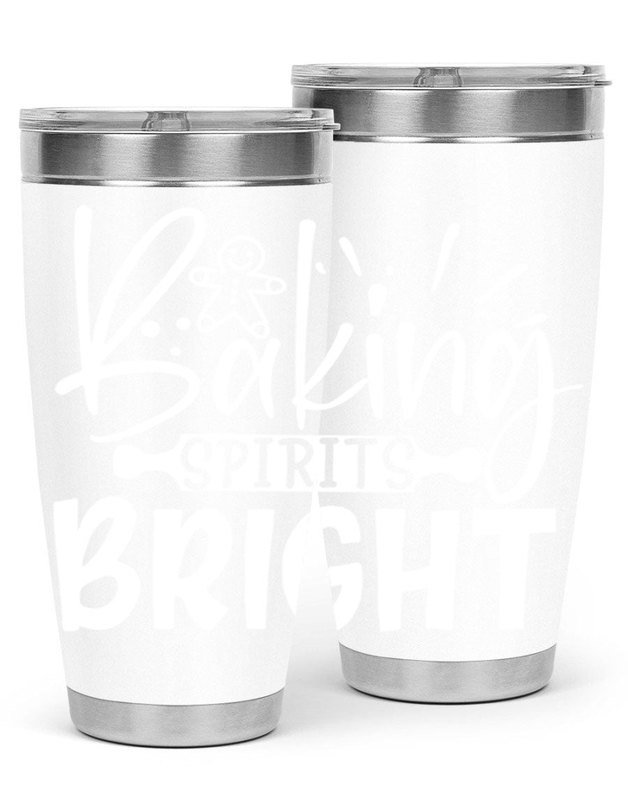Baking Spirits Bright 20oz Tumbler featuring double wall vacuum stainless steel and a drink-thru lid, perfect for hot and cold beverages.