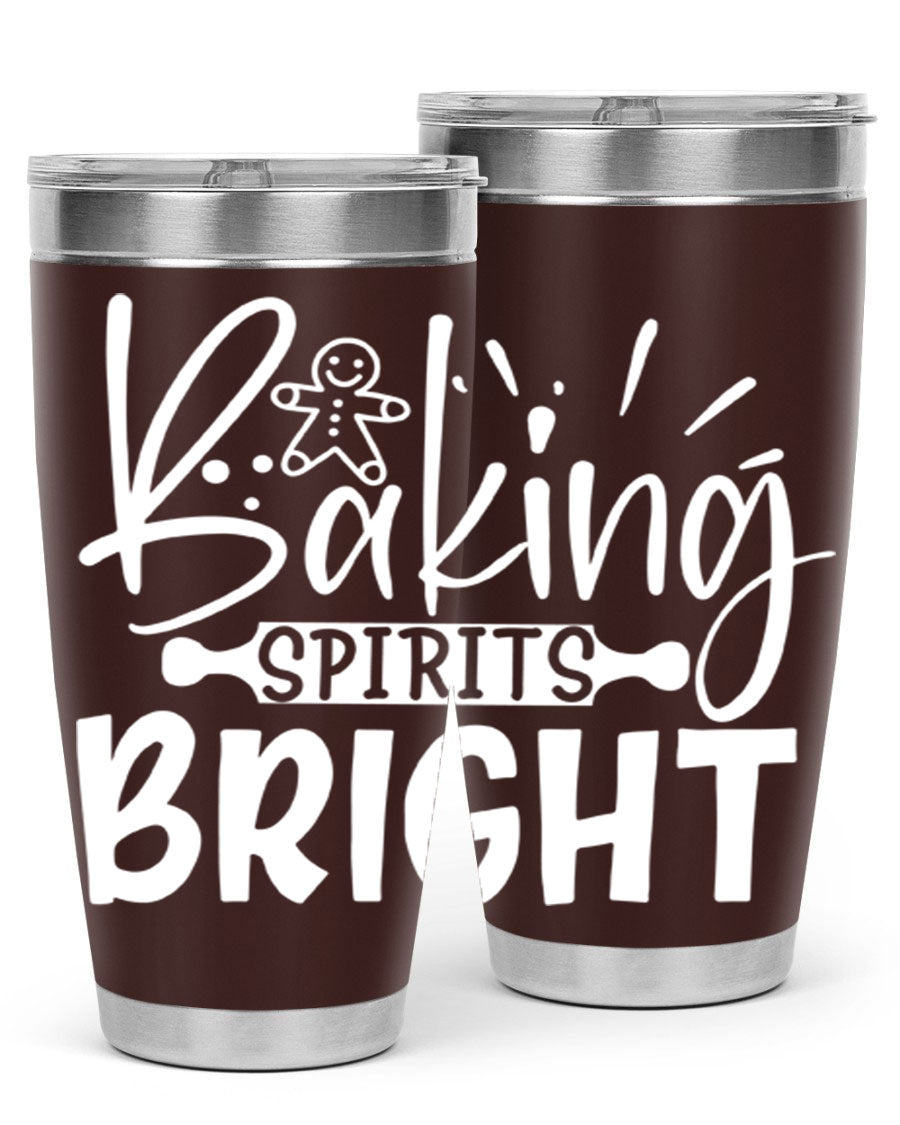 Baking Spirits Bright 20oz Tumbler featuring double wall vacuum stainless steel and a drink-thru lid, perfect for hot and cold beverages.