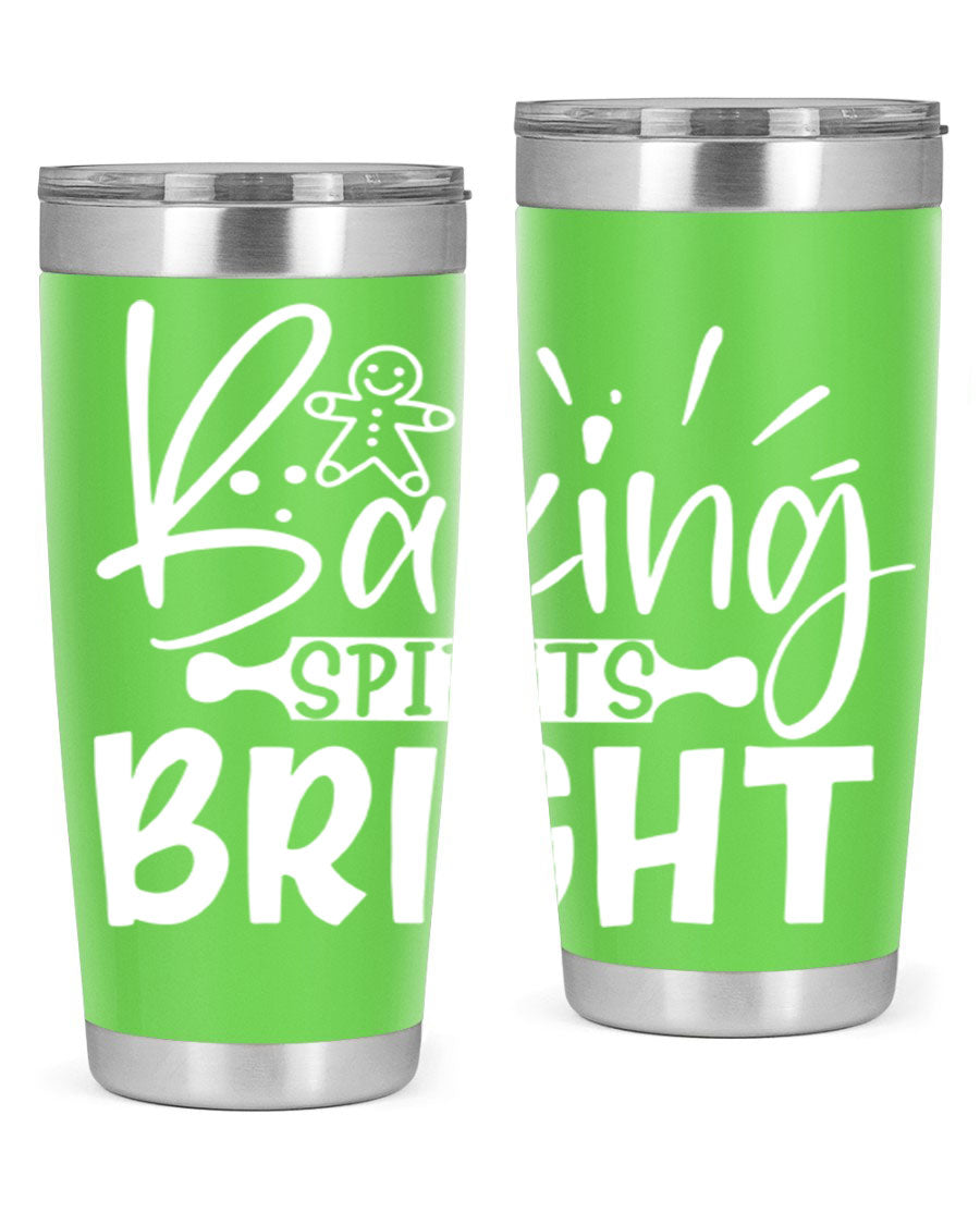 Baking Spirits Bright 20oz Tumbler featuring double wall vacuum stainless steel and a drink-thru lid, perfect for hot and cold beverages.