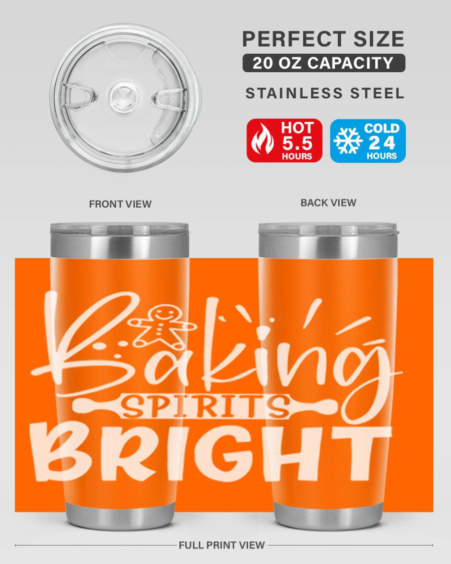 Baking Spirits Bright 20oz Tumbler featuring double wall vacuum stainless steel and a drink-thru lid, perfect for hot and cold beverages.
