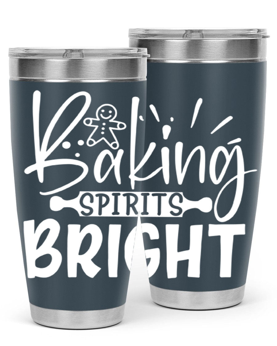 Baking Spirits Bright 20oz Tumbler featuring double wall vacuum stainless steel and a drink-thru lid, perfect for hot and cold beverages.