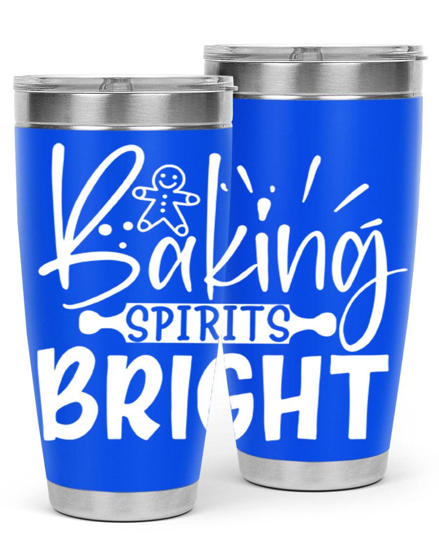 Baking Spirits Bright 20oz Tumbler featuring double wall vacuum stainless steel and a drink-thru lid, perfect for hot and cold beverages.