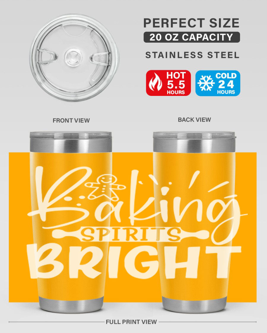 Baking Spirits Bright 20oz Tumbler featuring double wall vacuum stainless steel and a drink-thru lid, perfect for hot and cold beverages.