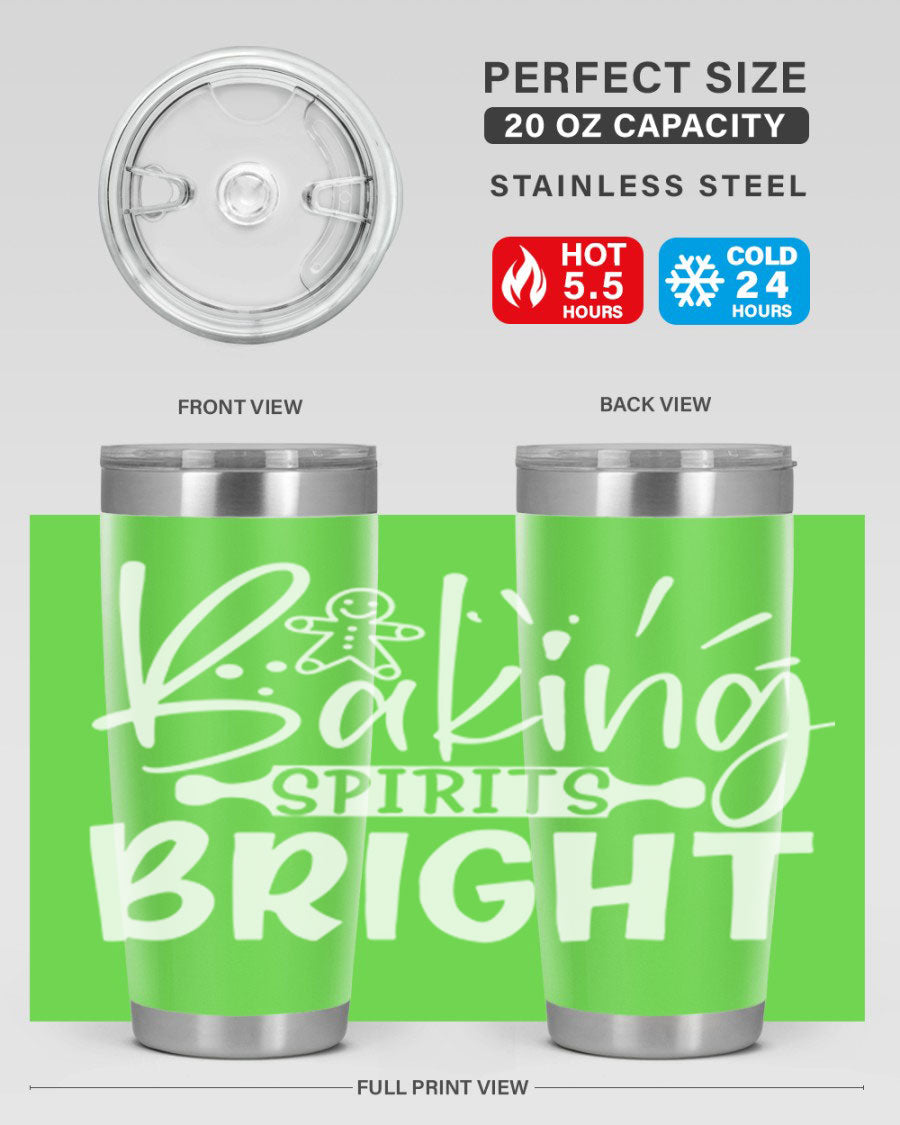 Baking Spirits Bright 20oz Tumbler featuring double wall vacuum stainless steel and a drink-thru lid, perfect for hot and cold beverages.