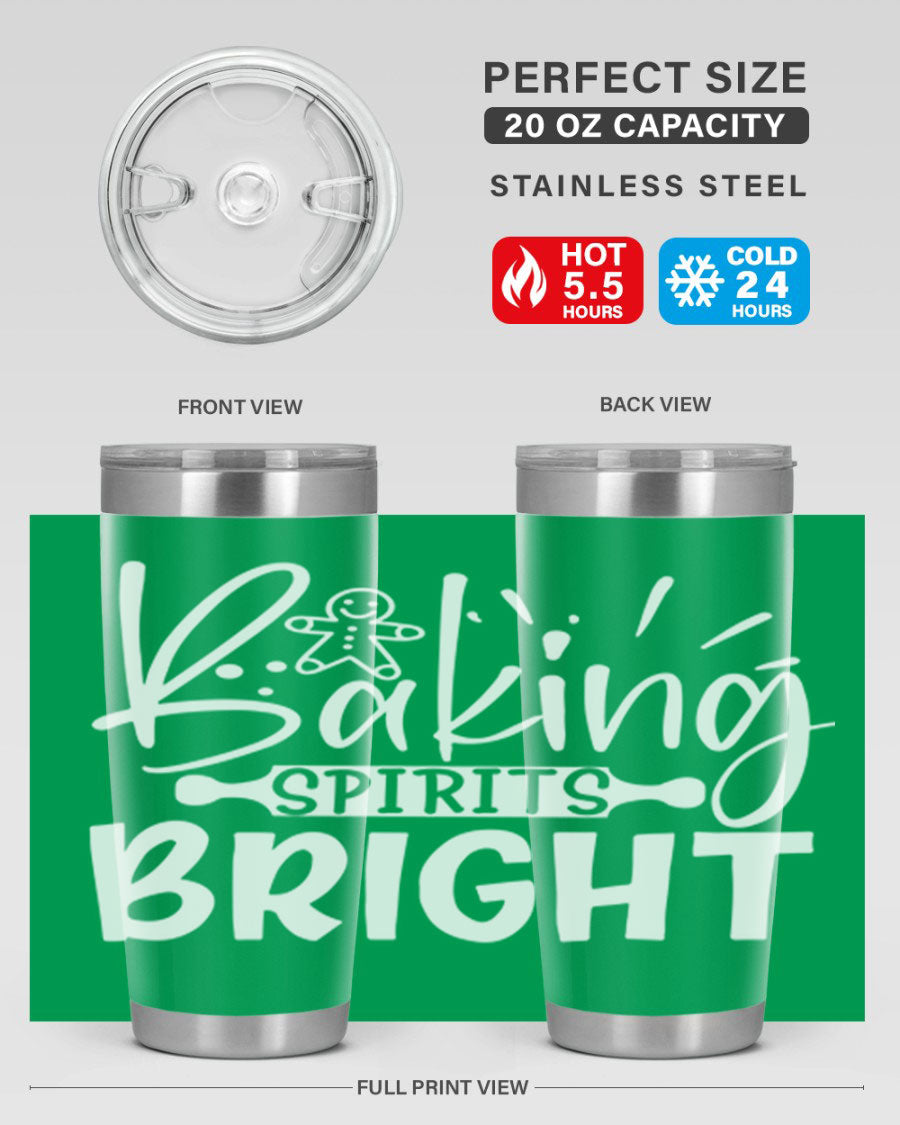 Baking Spirits Bright 20oz Tumbler featuring double wall vacuum stainless steel and a drink-thru lid, perfect for hot and cold beverages.