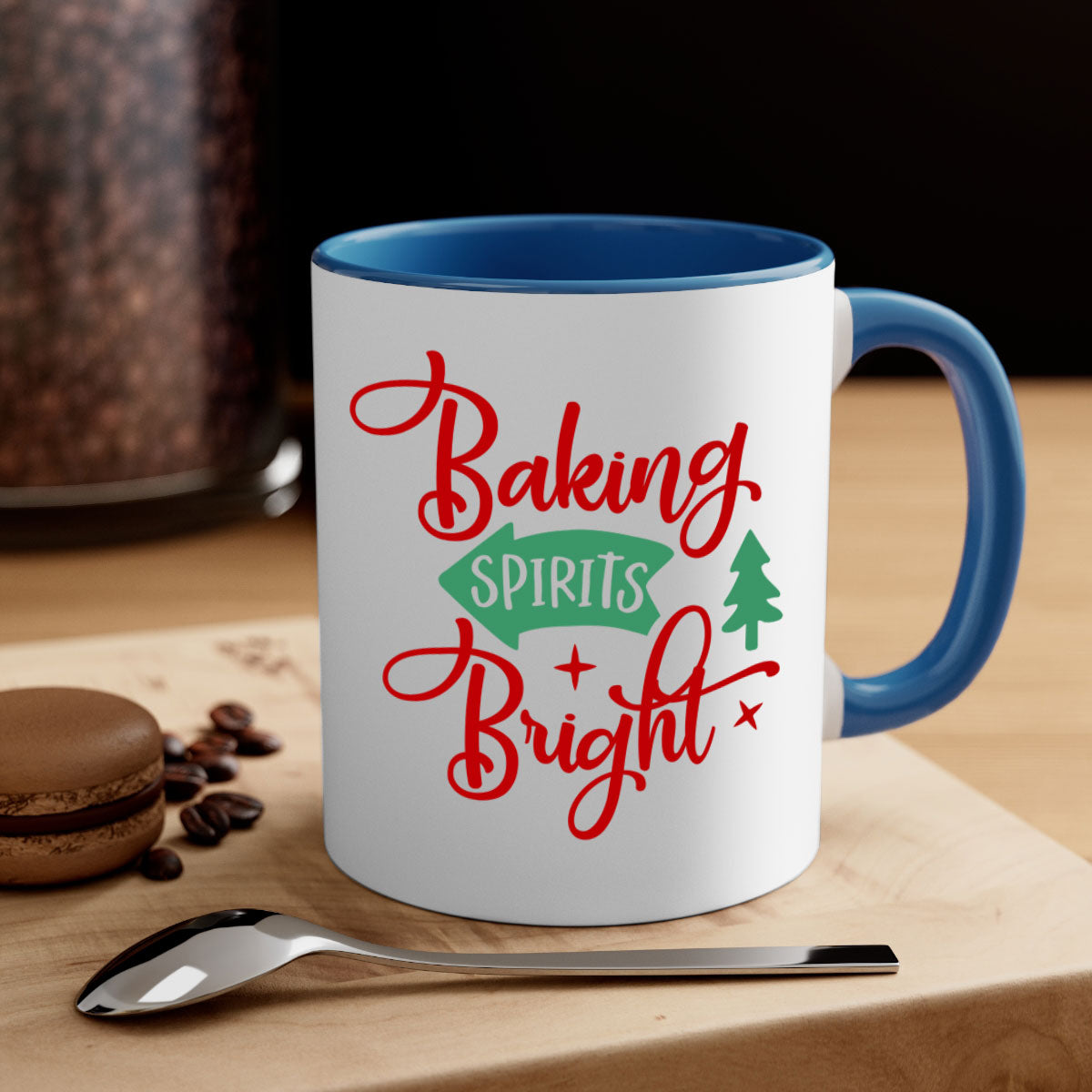 Baking Spirits Bright Christmas Mug with colorful handle and glossy finish, perfect for coffee or tea.