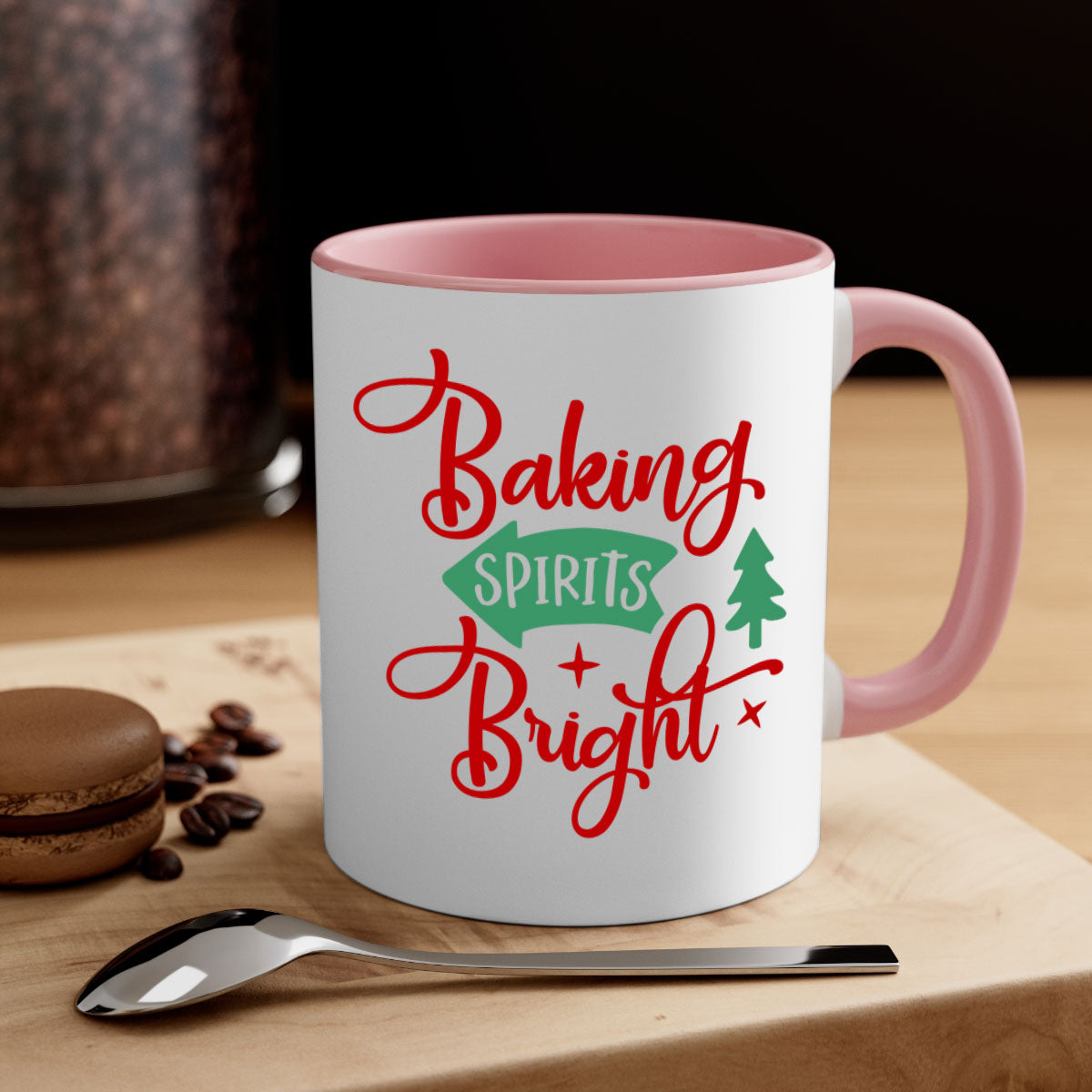 Baking Spirits Bright Christmas Mug with colorful handle and glossy finish, perfect for coffee or tea.
