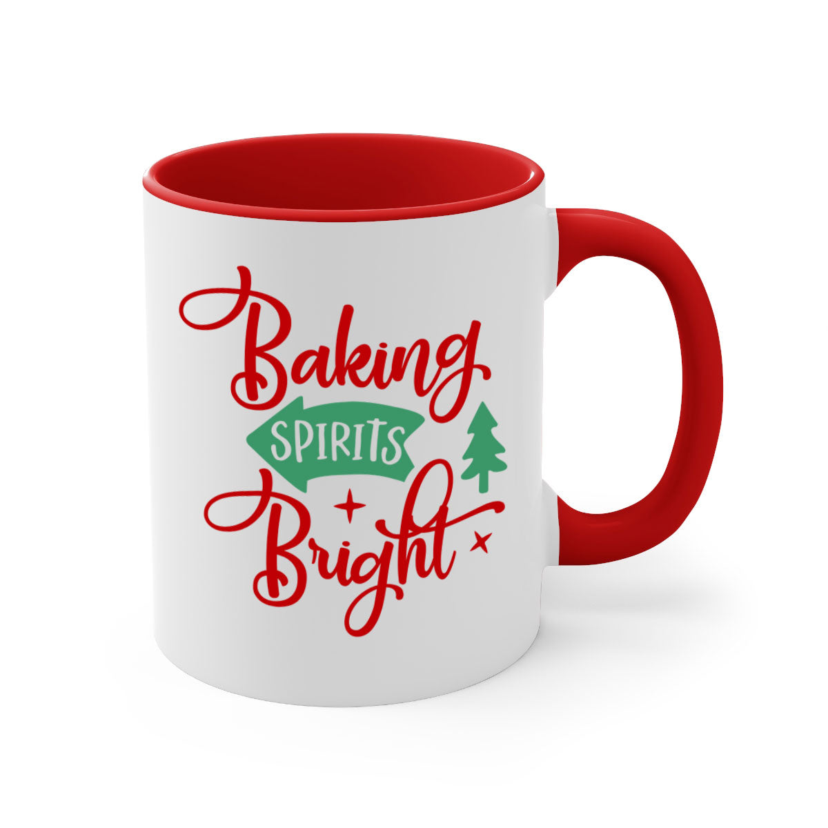 Baking Spirits Bright Christmas Mug with colorful handle and glossy finish, perfect for coffee or tea.